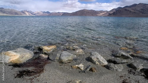 Pangong Lake, at an elevation of 13,862, the highest saline lake in the world located on the border between India and Tibet