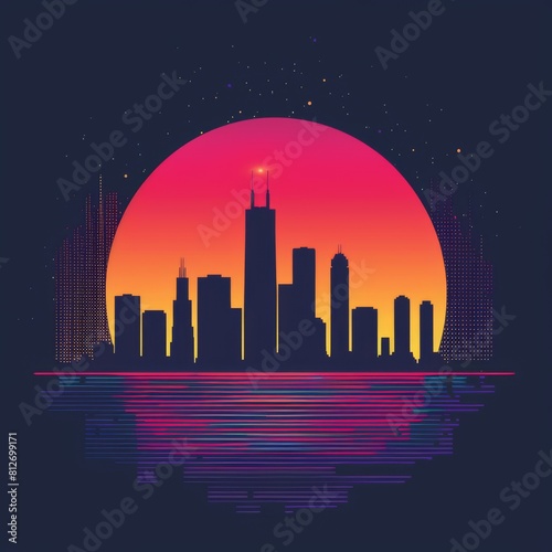 Chicago Skyline Silhouetted at Sunset