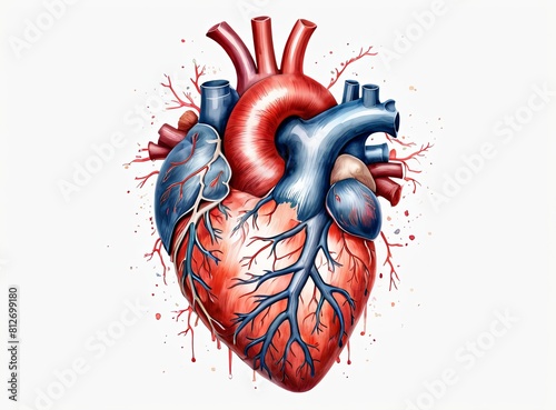 Watercolor drawing of an anatomical heart on a white background 