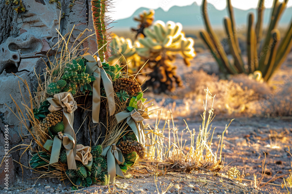Fototapeta premium Cactus background and rustic ribbons decorate a Memorial Day wreath in the desert.