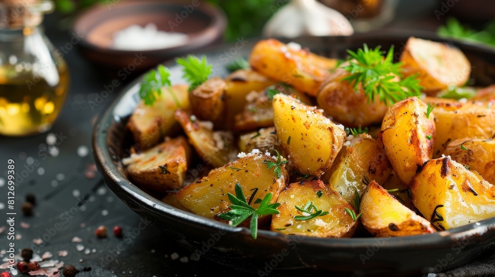 A delicious serving of fried potatoes seasoned with a mix of aromatic herbs, perfect for a savory side dish