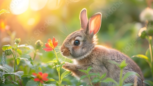 Inquisitive Rabbit Investigates a Vibrant Flower in a Sunlit Garden