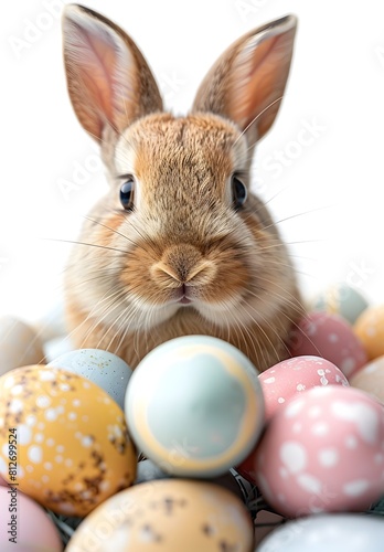 Mischievous Rabbit Peeking from Easter Eggs Stack A Playful Spring Holiday Scene