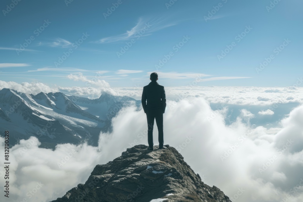 Solitary figure stands atop a peak, overlooking a sea of clouds under a blue sky