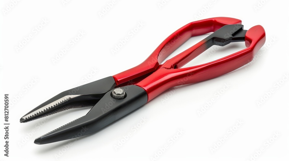A pair of pliers with red and black handles, clearly isolated on a white background.
A pair of pliers with red and black handles, clearly isolated on a white background.