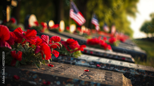 A line of tombstones receding into the distance each with a vibrant red poppy and a neatly placed American flag symbolizing an orderly tribute on Memorial Day. photo