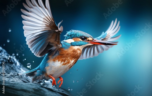 Vivid blue Kingfisher in mid flight, wings fully extended, against a soft focus water backdrop © Nat