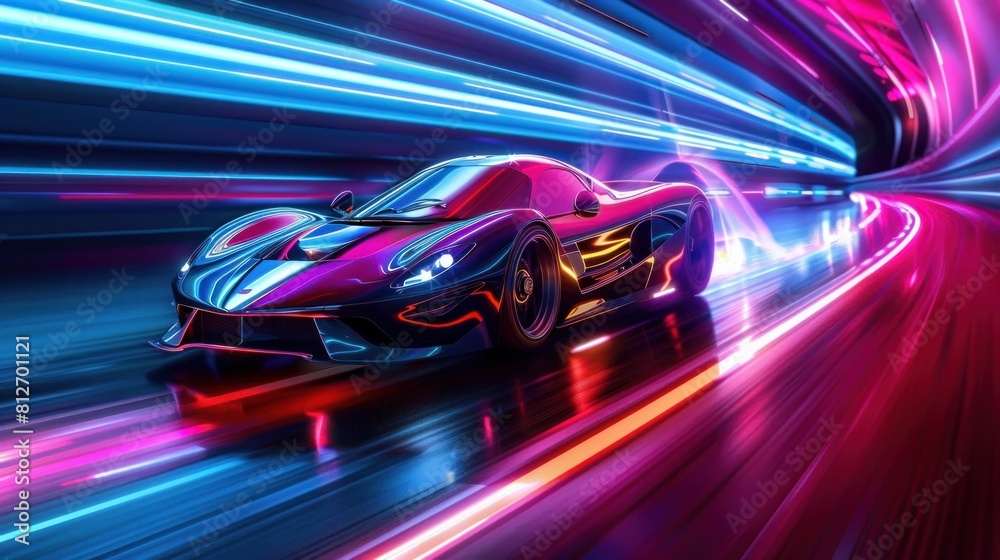 Fototapeta premium A dynamic scene of a speeding sports car on a neon-lit highway