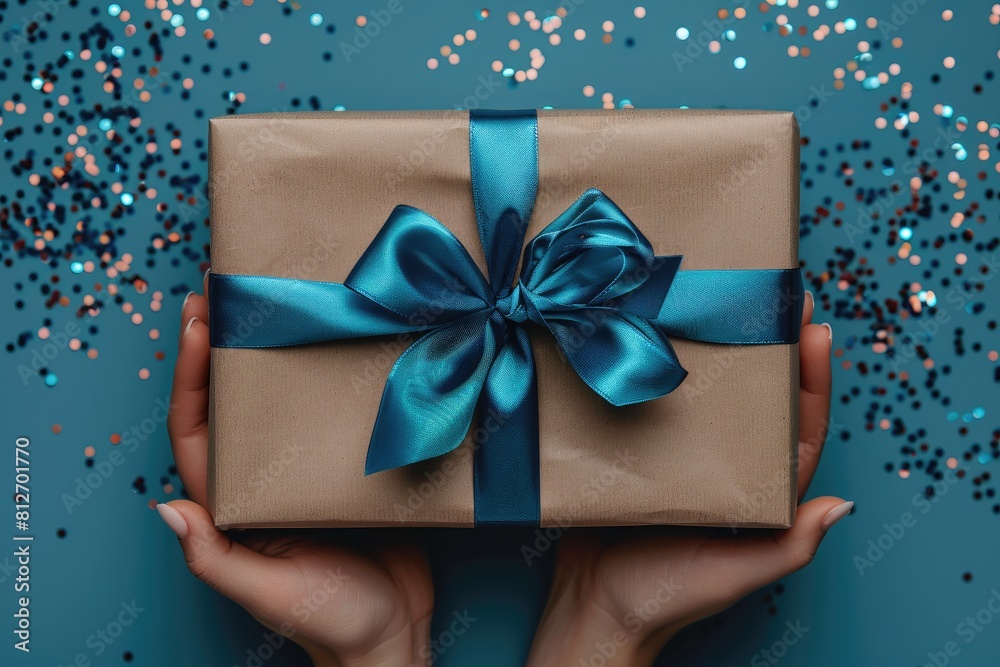 Unwrapping Joy: Hands Revealing Craft Paper Gift Box with Blue Satin Ribbon Bow Unwrapping Joy: Hands Revealing Craft Paper Gift Box with Blue Satin Ribbon Bow