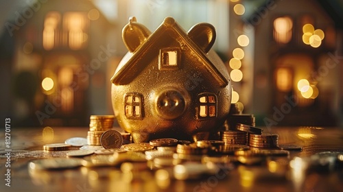 An image of a houseshaped piggy bank overflowing with golden coins, representing the idea of saving for a dream home or real estate investment 8K , high-resolution, ultra HD,up32K HD photo