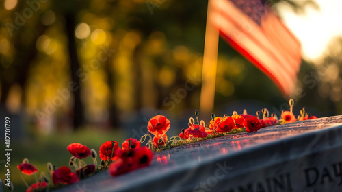 A photo text of the word 'Memorial Day' introducing a close-up view of a tombstone edge lined with a string of red poppies and a blurred American flag waving in the distance. photo