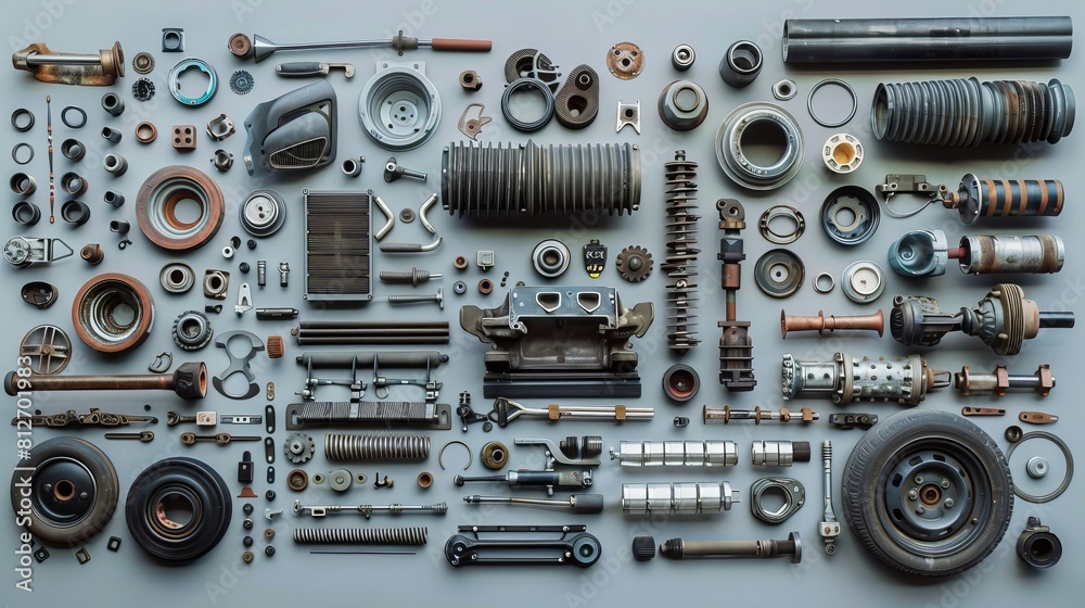 Fototapeta premium An assortment of various car parts spread out, showing a range of components from a modern vehicle.