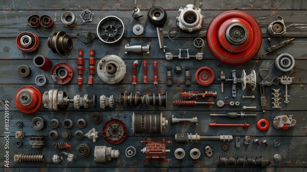An assortment of various car parts spread out, showing a range of components from a modern vehicle.
An assortment of various car parts spread out, showing a range of components from a modern vehicle.