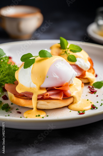 Classic eggs benedict with sliced ham, drizzled hollandaise sauce on a toasted bun served on a plate with fresh herbs and seasoning. Vertical, side view.