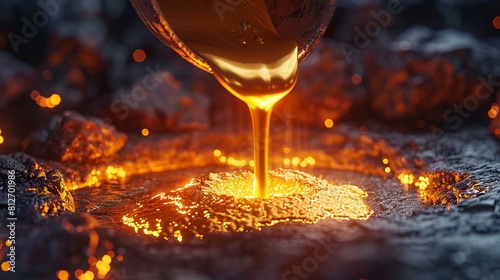 A detailed view of pouring liquid gold into a graphite casting form, capturing the elegance and precision of gold molding 8K , high-resolution, ultra HD,up32K HD