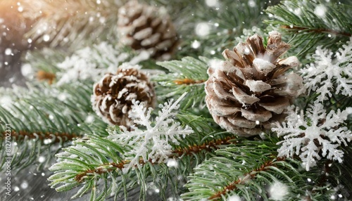 Wallpaper Mural fir branches with snowflakes and pine cones close up Torontodigital.ca