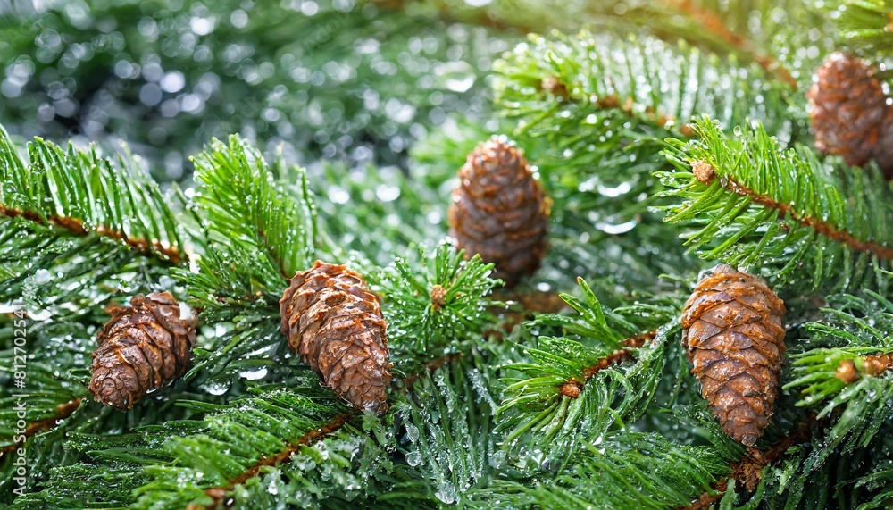 fir branches with snowflakes and pine cones close up fir branches with snowflakes and pine cones close up