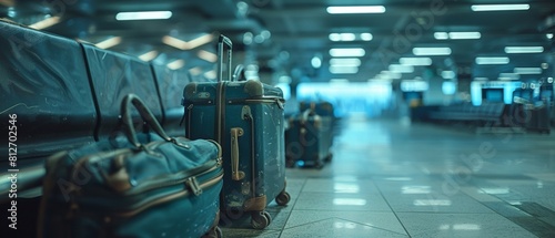 An image of suitcases in an airport terminal waiting area, highlighting the empty hall interior and focusing on the suitcases, symbolizing the start of a summer vacation 8K , high-resolution, ultra HD photo