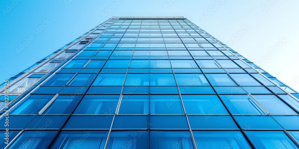 Low angle shot of blue glass building on blue sky background Low angle shot of blue glass building on blue sky background