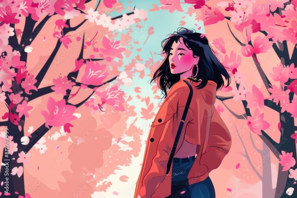 A woman standing in front of a tree with pink flowers. Ideal for nature and beauty concepts A woman standing in front of a tree with pink flowers. Ideal for nature and beauty concepts