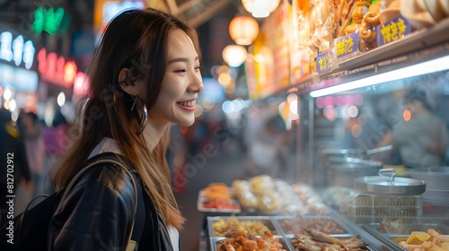 Food Blogger Exploring Vibrant Hong Kong Street Market for Culinary Adventure