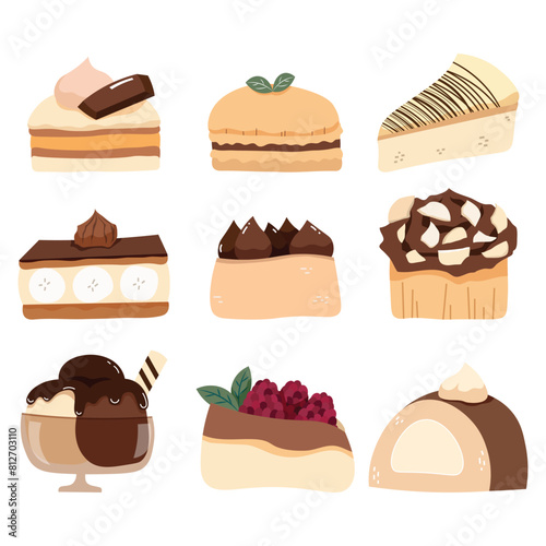 Cute sweet chocolate dessert collections on white background. Vector illustration hand drawn or doodle style for cafe or bakery shop decoration