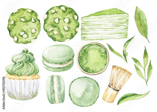 Matcha desserts hand painted food illustration set (ID: 812703598)