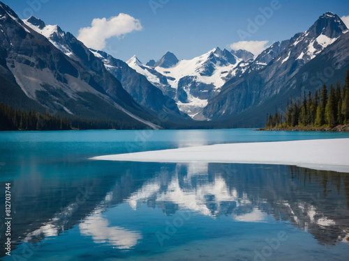 Glacial Serenity, Icy Blue Landscape Framed by Pristine Lake and Grand Mountains.