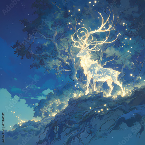 A majestic deer with glowing antlers and a mystical aura stands amidst the twilight of an enchanted forest  evoking tranquility and serenity.