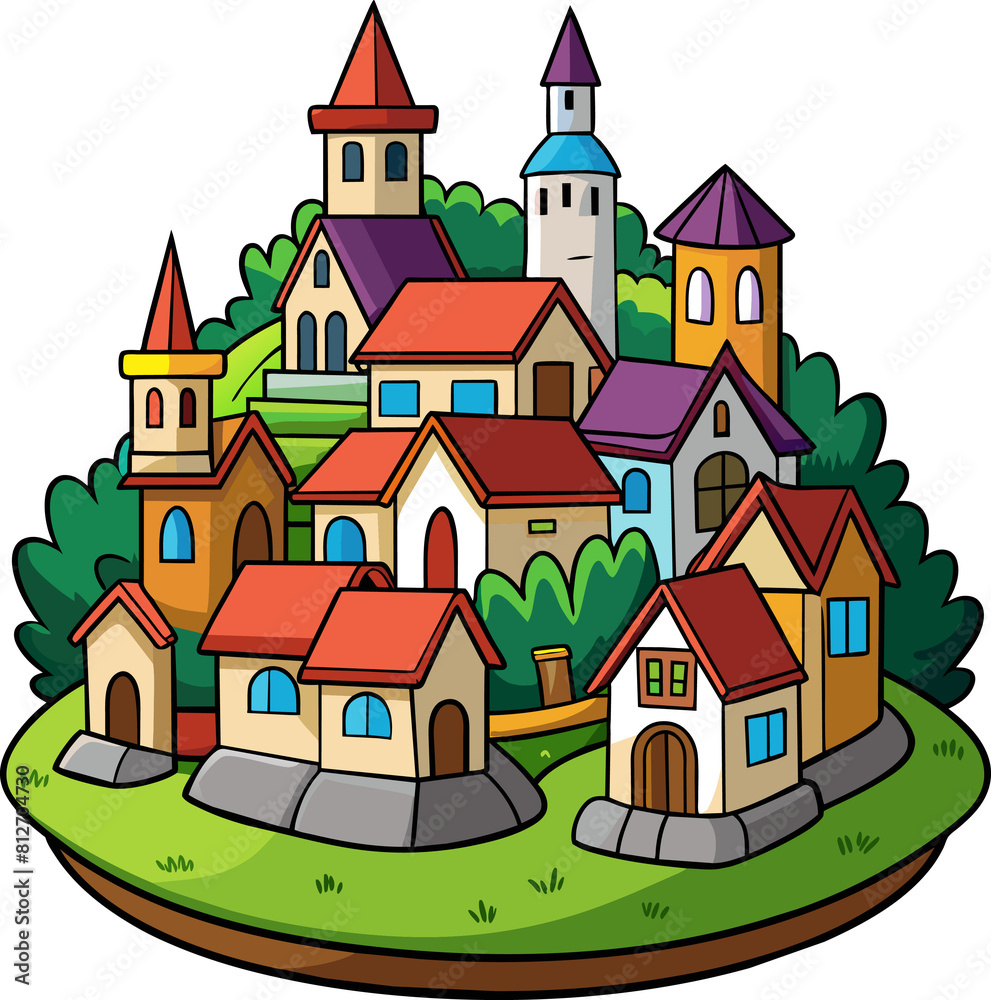 Village Flat Color Cartoon isolated on a transparent background