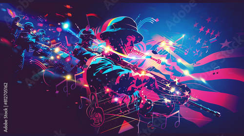 A vibrant and stylized image of a military band playing patriotic tunes with musical notes visually transforming into symbols of American freedom and heritage. photo