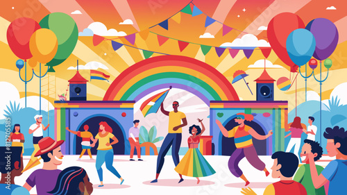Vibrant Plaza Celebration: Rainbow Party. Perfect for: Pride events, LGBTQ+ parties, community gatherings, Event posters, social media banners, party invitations.