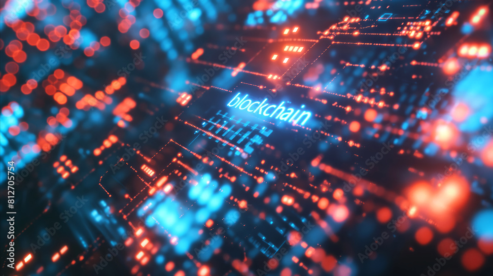 Intricate and dynamic illustration of blockchain technology, word blockchain stands out in bright blue amidst intricate patterns of complex circuit board, symbolizing tech’s digital and secure nature Intricate and dynamic illustration of blockchain technology, word blockchain stands out in bright blue amidst intricate patterns of complex circuit board, symbolizing tech’s digital and secure nature
