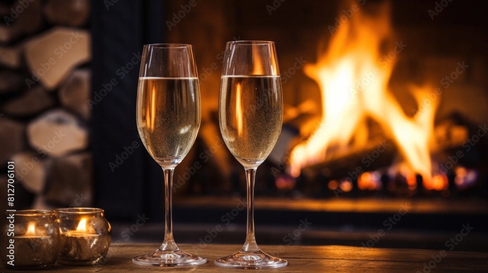 A glasses of sparkling champagne in front of a warm fireplace. A glasses of sparkling champagne in front of a warm fireplace.