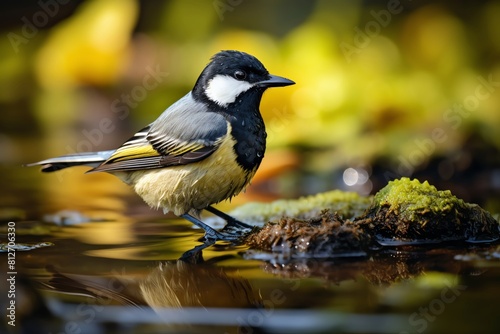 Great Tit with black head bathing in a shallow pond, ripples around, peaceful natural setting