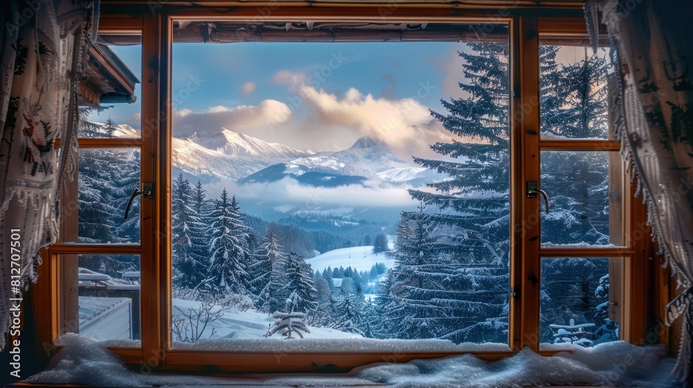 Fototapeta premium Beautiful snowy winter morning behind the chalet window. Beautiful mountain view