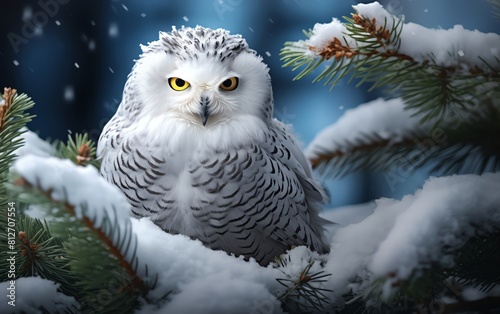 Snowy Owl with pristine white plumage perched on a snow covered pine, serene winter landscape © Nat