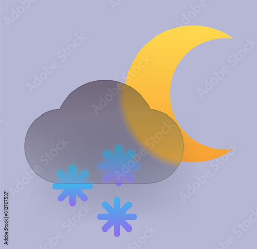 Half moon and dark cloud with snowflake icon. Bad night weather glass morphism symbol