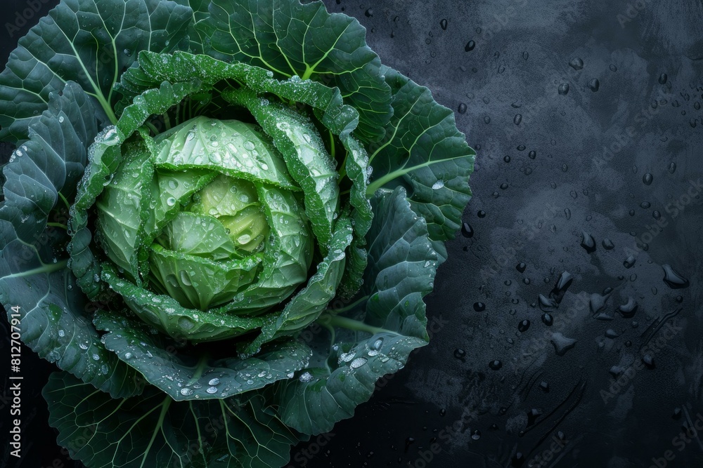 Fototapeta premium Close-up of a fresh dewy green cabbage with water droplets on dark background