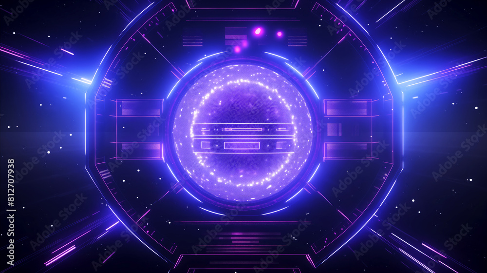 Futuristic, circular portal aglow with radiant, neon lights, core of portal is filled with sparkling galaxy effect, surrounded by intricate structures that accentuate its otherworldly aesthetic