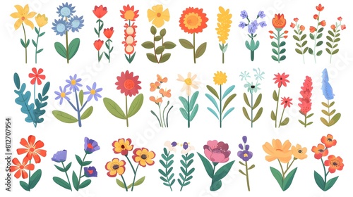 Assortment of Colorful and Whimsical Floral Elements in Various Shapes and Hues Suitable for Seasonal Nature and Botanical Themed Designs and