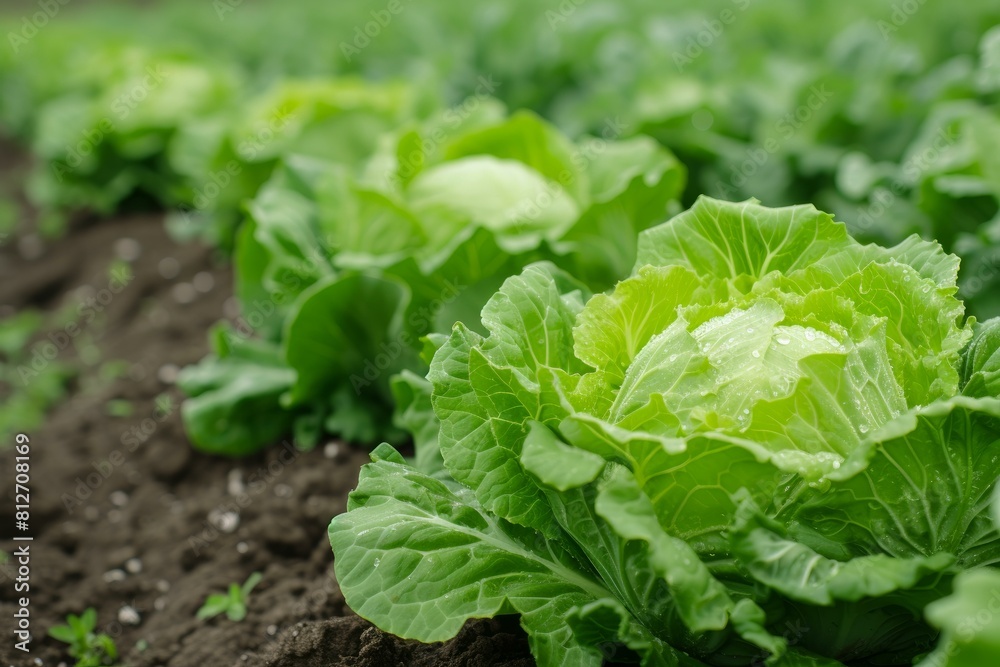 Vibrant green cabbage heads with dewdrops growing in rich soil Vibrant green cabbage heads with dewdrops growing in rich soil