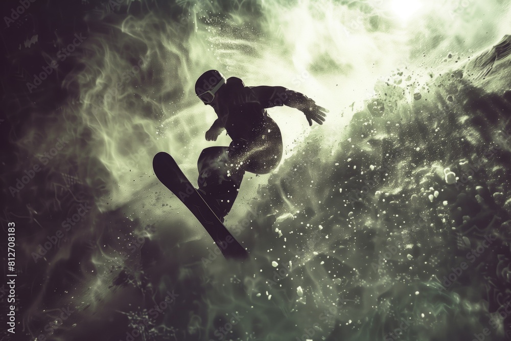 A professional snowboarder flies at speed A professional snowboarder flies at speed
