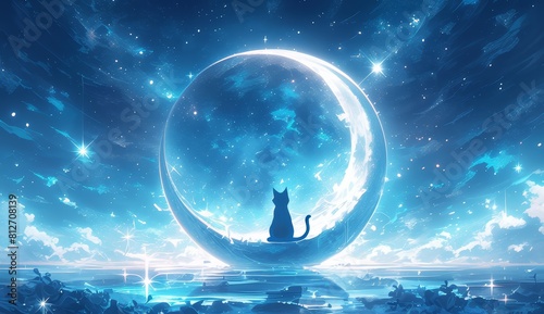 Black cat sits on the moon, surrounded by stars and galaxies. The background is dark with subtle starlight reflections. A crescent shaped tail adds to its silhouette against the bright moon