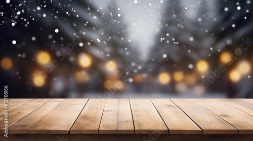 A wooden table area with Christmas festival background Blurred snow