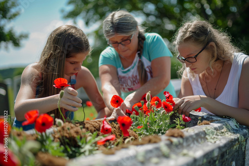 Family members gathered around a tombstone placing red poppies and sharing stories of a loved one lost on Memorial Day. photo