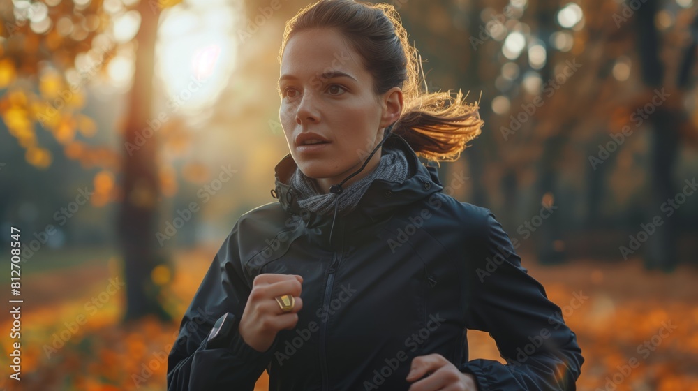 A woman is jogging through an autumn park surrounded by colorful trees and fallen leaves A woman is jogging through an autumn park surrounded by colorful trees and fallen leaves