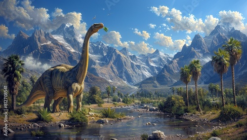 A Brachiosaurus standing in the foreground  with mountains and palm trees behind it. A river flows through an ancient valley. In the sky above is a blue sky with white clouds. 