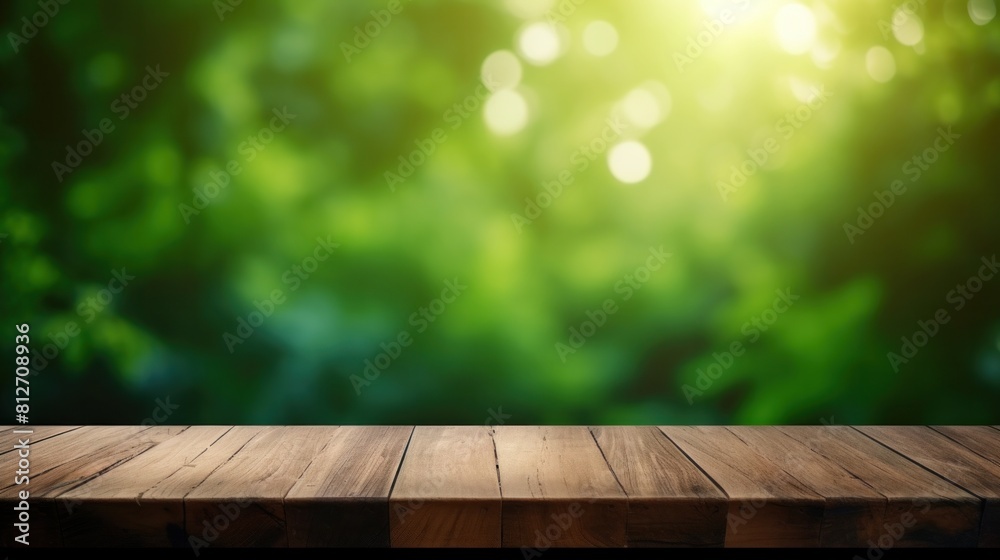 A Wooden table space with green background, blurred back view . A Wooden table space with green background, blurred back view .