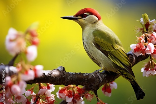 European Green Woodpecker with a green back perched in a flowering cherry tree, spring setting